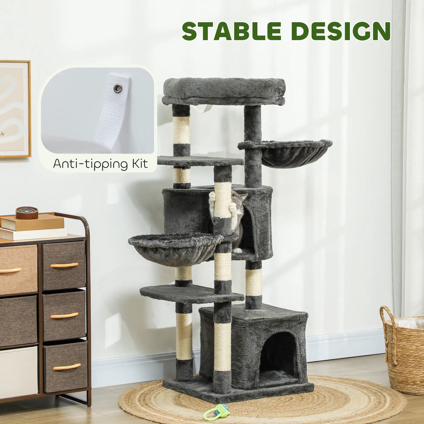 52.5" Cat Tree Tower, Scratching Posts, Condos, Bed, Dark Grey Cat Trees at Gallery Canada