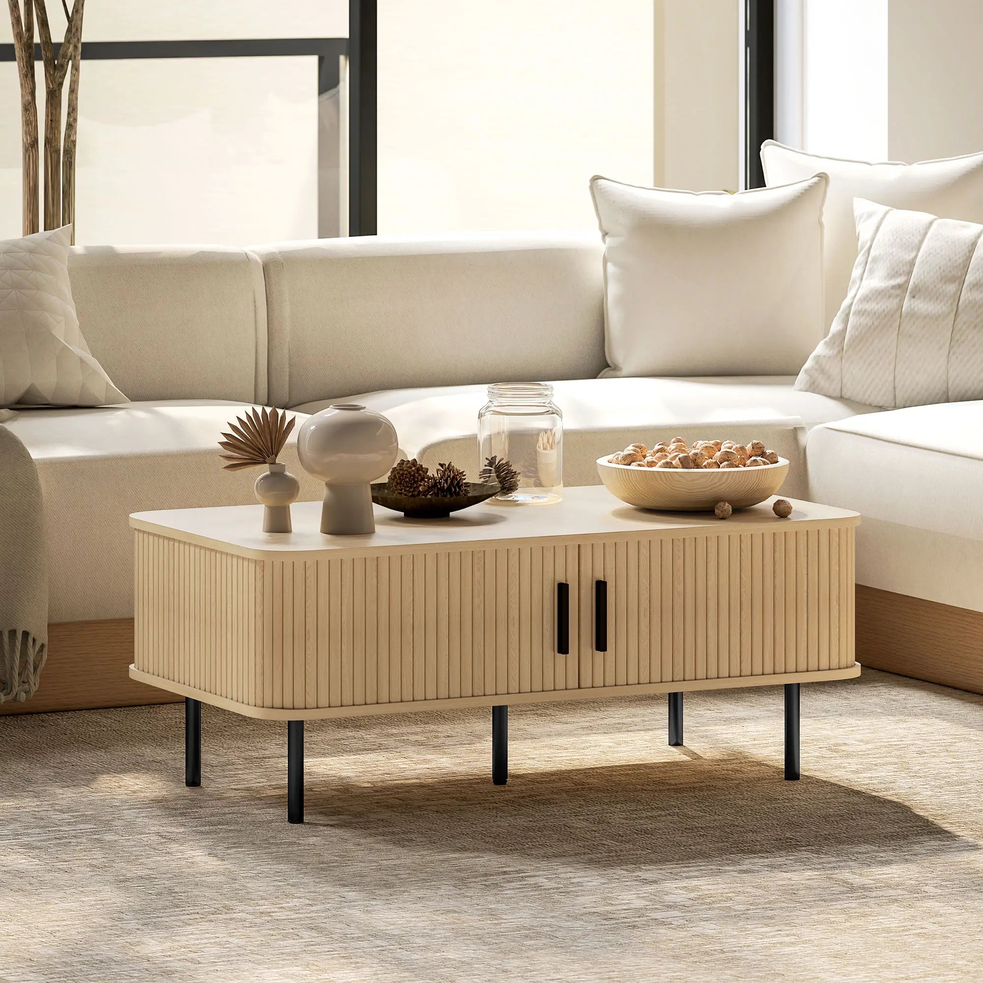 Coffee Table with Storage, Nordic Side Table, Slatted Tambour Doors, Steel Legs, Oak Coffee Tables at Gallery Canada