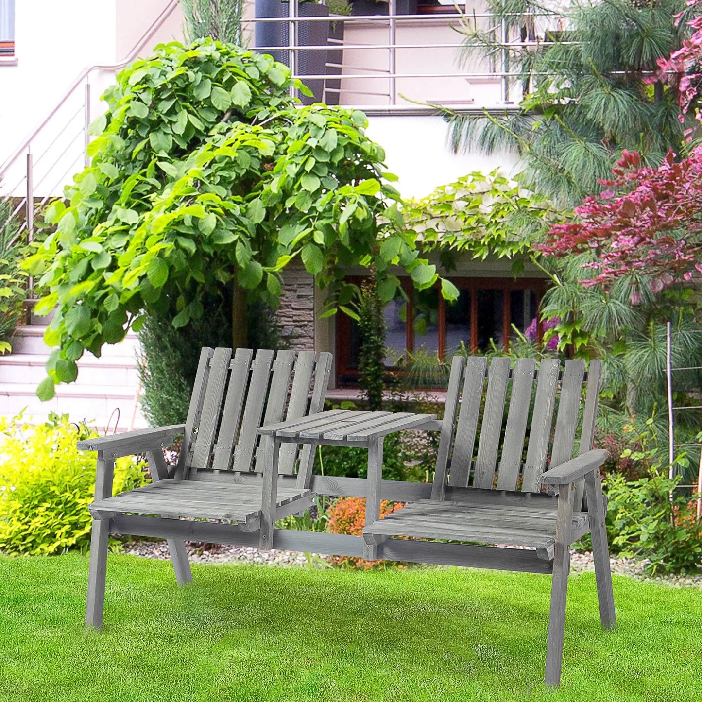 2-Seater Outdoor Bench with Table, Wooden Garden Bench, Grey Outdoor Benches at Gallery Canada