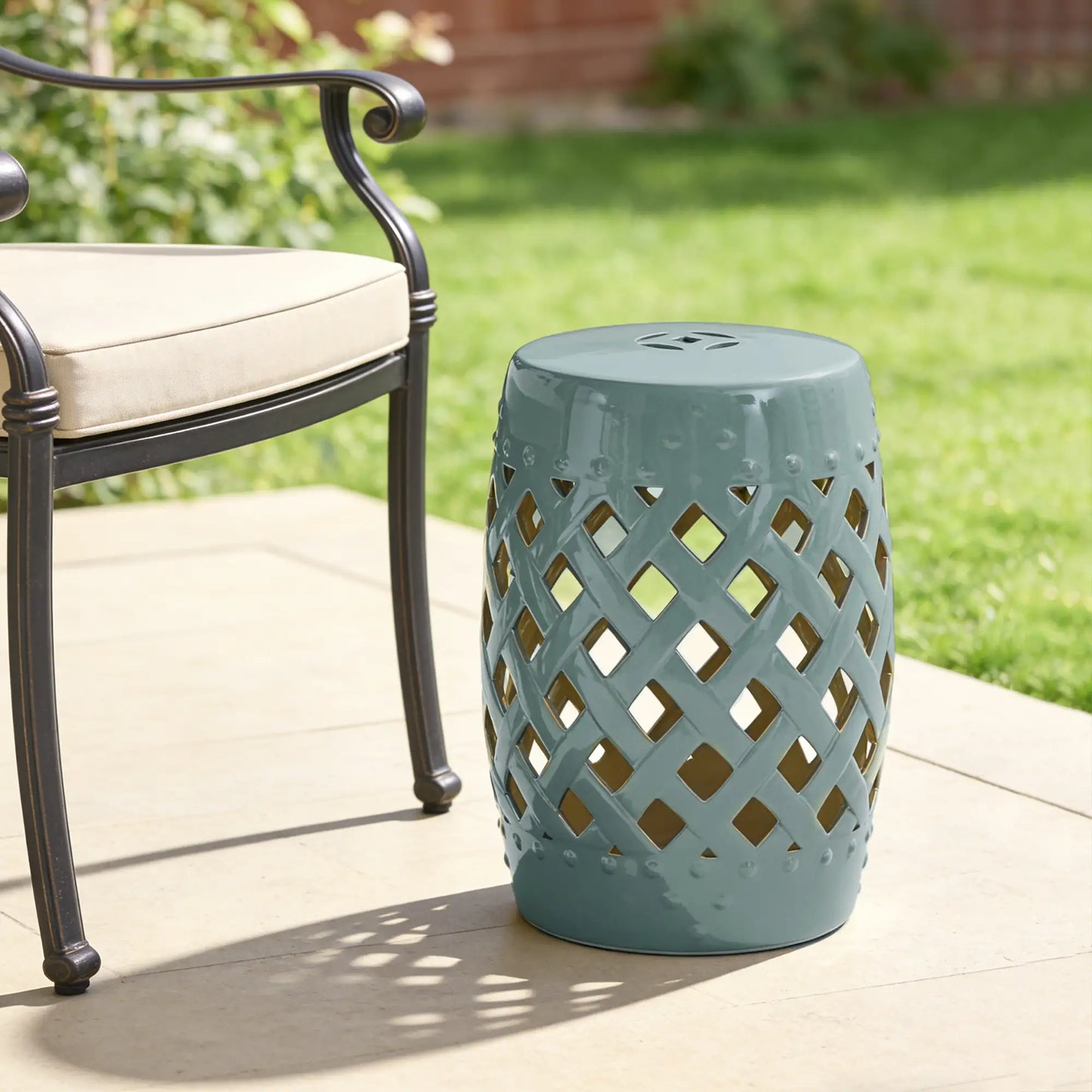 18" Ceramic Garden Stool, Woven Lattice Design, Indoor Outdoor, Blue Patio Chairs at Gallery Canada