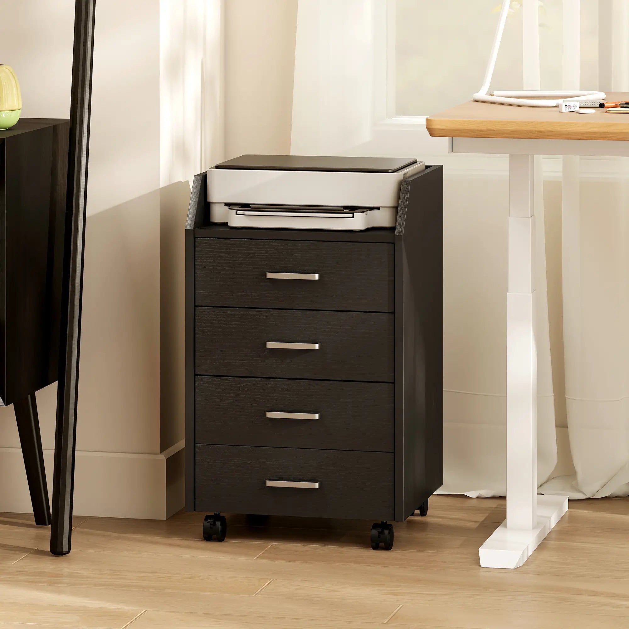 4-Drawer Vertical Mobile Filing Cabinet, Lockable Wheels, Black Wood Grain Office Cabinets & Cupboards at Gallery Canada
