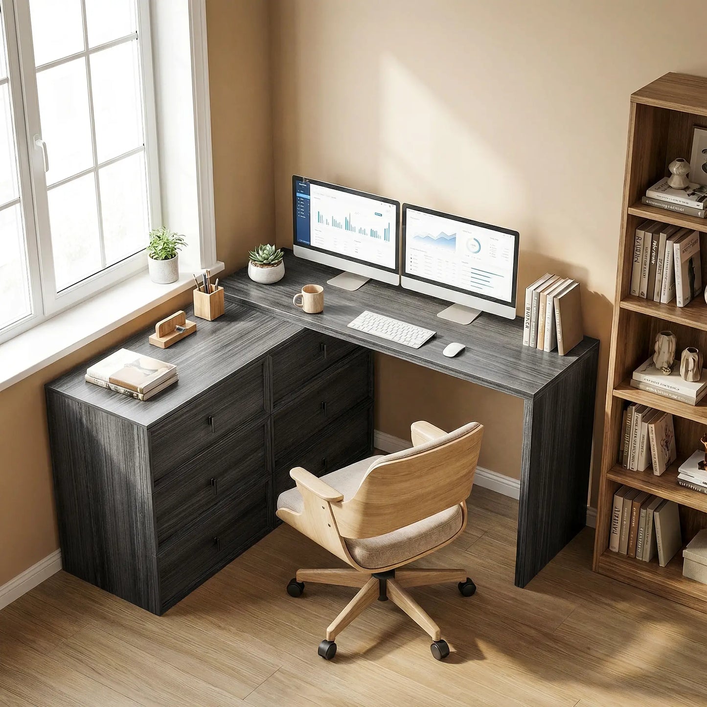 L Shaped Computer Desk, 6 Drawers, Wood Grain, Black Computer Desks at Gallery Canada