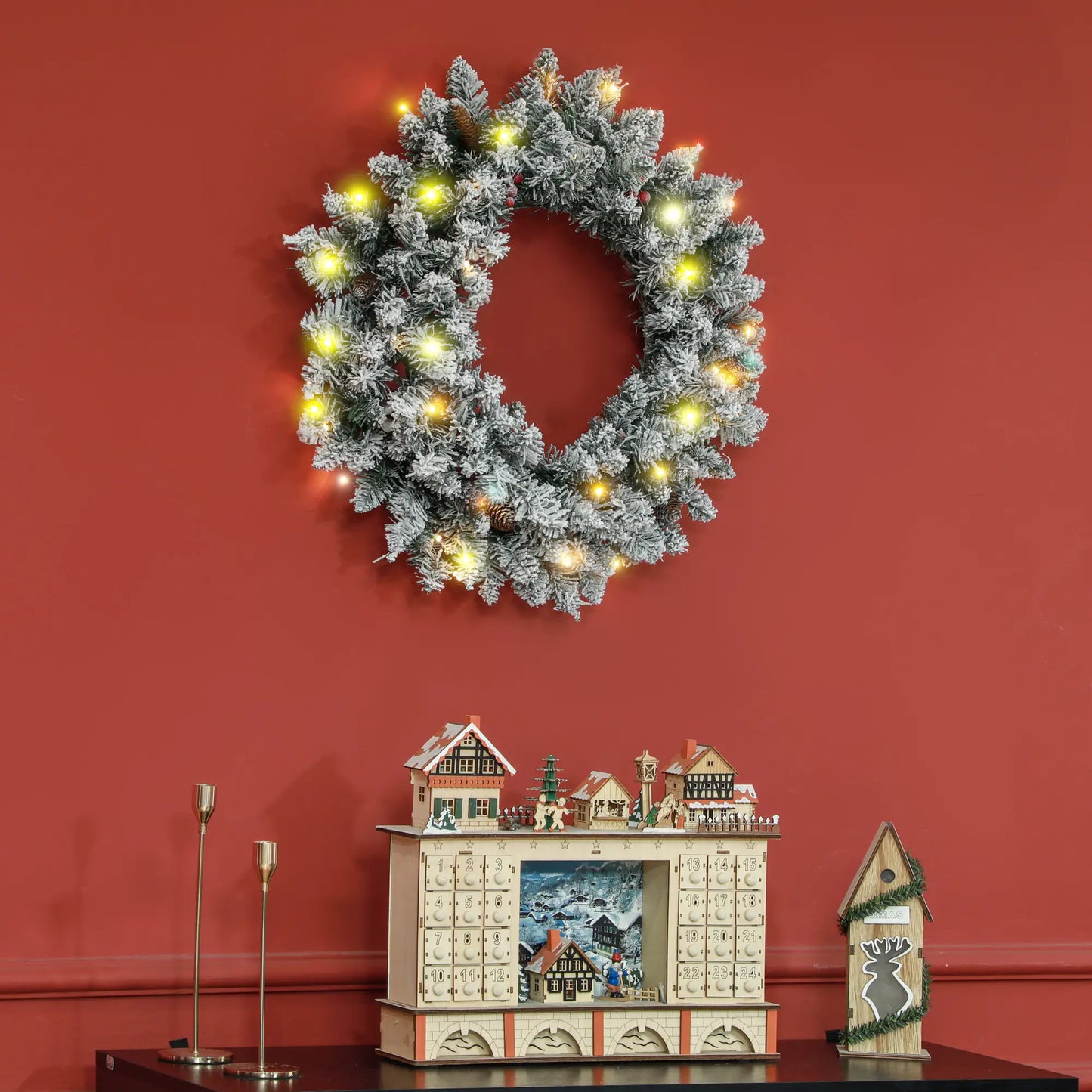 24" Flocked Christmas Wreath with Lights, Pine Cones, Berries, Green Christmas Wreaths at Gallery Canada