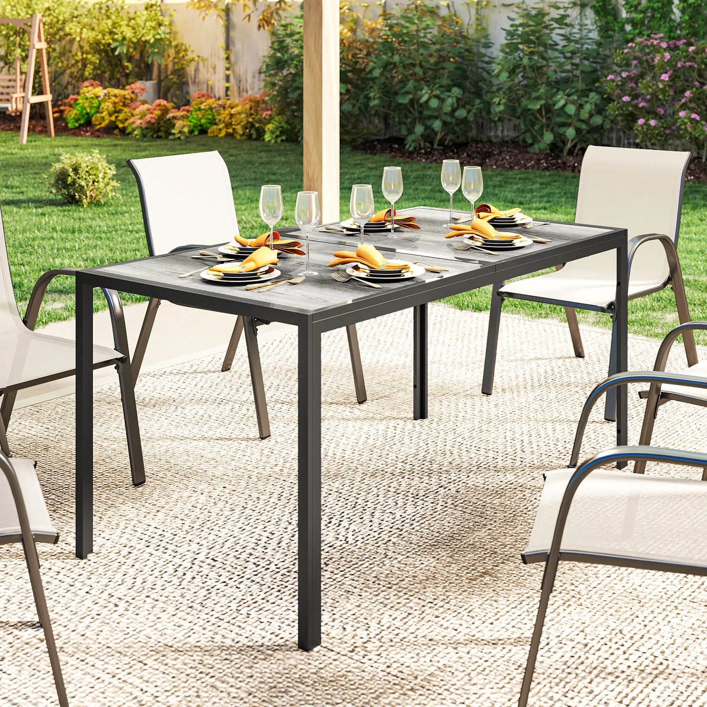 Outdoor Dining Table For 4-6, 59" Wood-Effect Top, Grey Patio Dining Tables at Gallery Canada