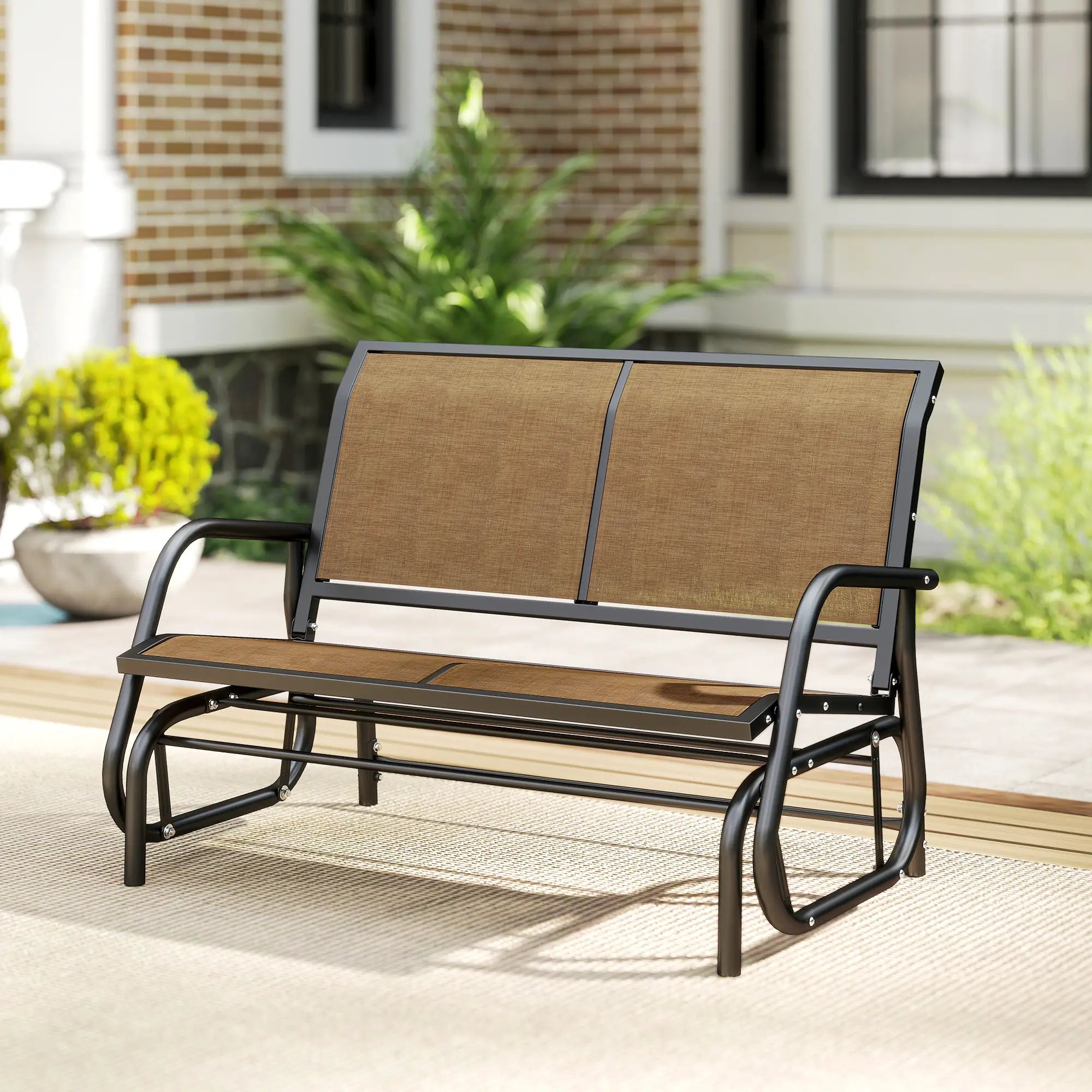 Outdoor Steel Glider Bench, Sling Fabric Swing Chair, Brown Outdoor Gliders at Gallery Canada