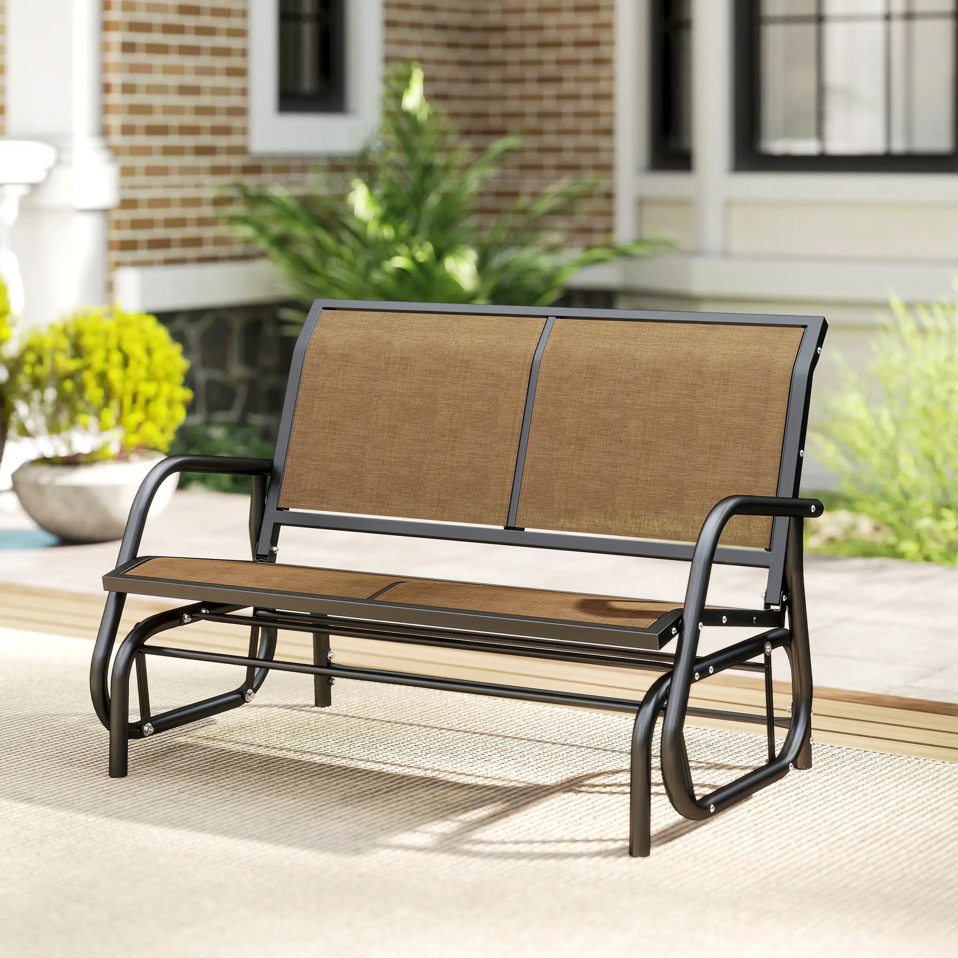 Outdoor Steel Glider Bench, Sling Fabric Swing Chair, Brown Outdoor Gliders at Gallery Canada