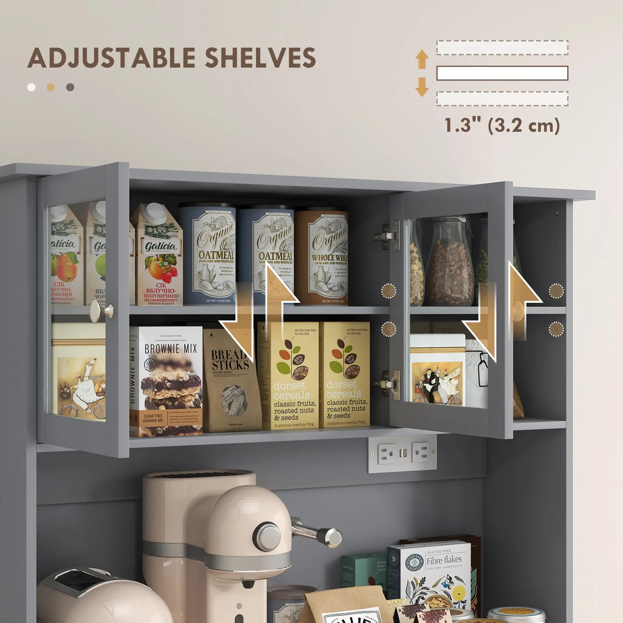 Kitchen Cabinet with Charging Station, 2 Tilt Out Cabinets, Microwave Stand, Grey Kitchen Pantry Cabinets at Gallery Canada