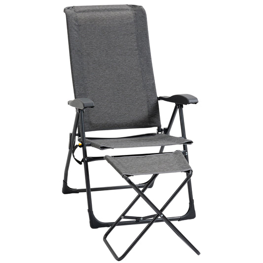 Patio Lounge Chair Outdoor Lounger Recliner Folding Camping Chair with Footrest and Storage Pocket, Black Grey - Gallery Canada