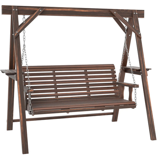 3 Seat Wooden Porch Swing With Stand, Carbonized Brown Patio Swings with Stand Carbonized Brown at Gallery Canada