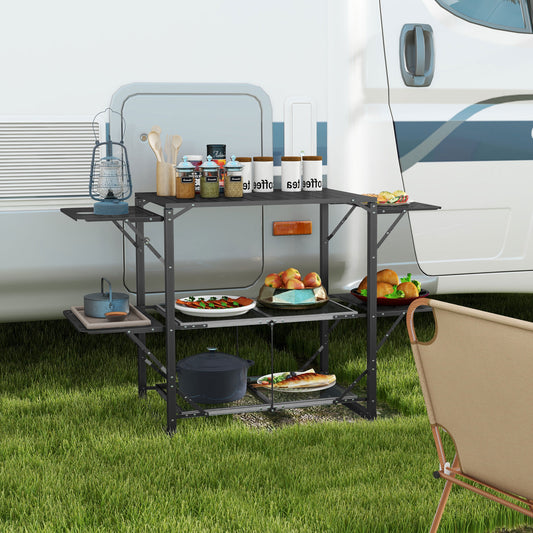 Aluminum Camping Kitchen, Folding Cook Station with Carrying Bag, 4 Side Tables, 2 Shelves for BBQ, RV, Picnic, Black - Gallery Canada