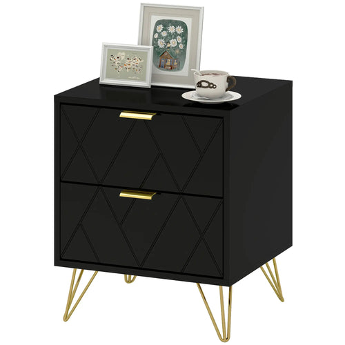Modern Bedside Table, 2 Drawer Nightstand, Black