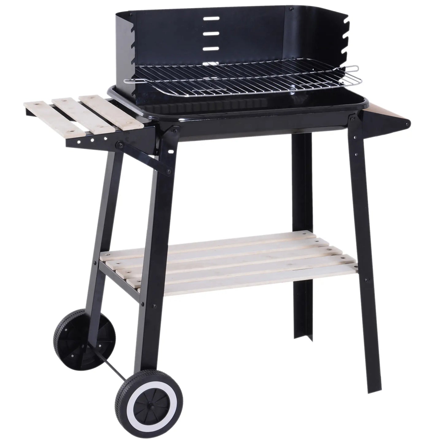 Charcoal BBQ Grill With Side Trays, Storage Shelf, Wheels