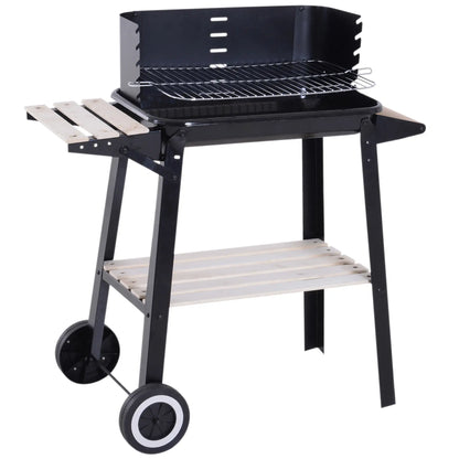 Charcoal BBQ Grill With Side Trays, Storage Shelf, Wheels
