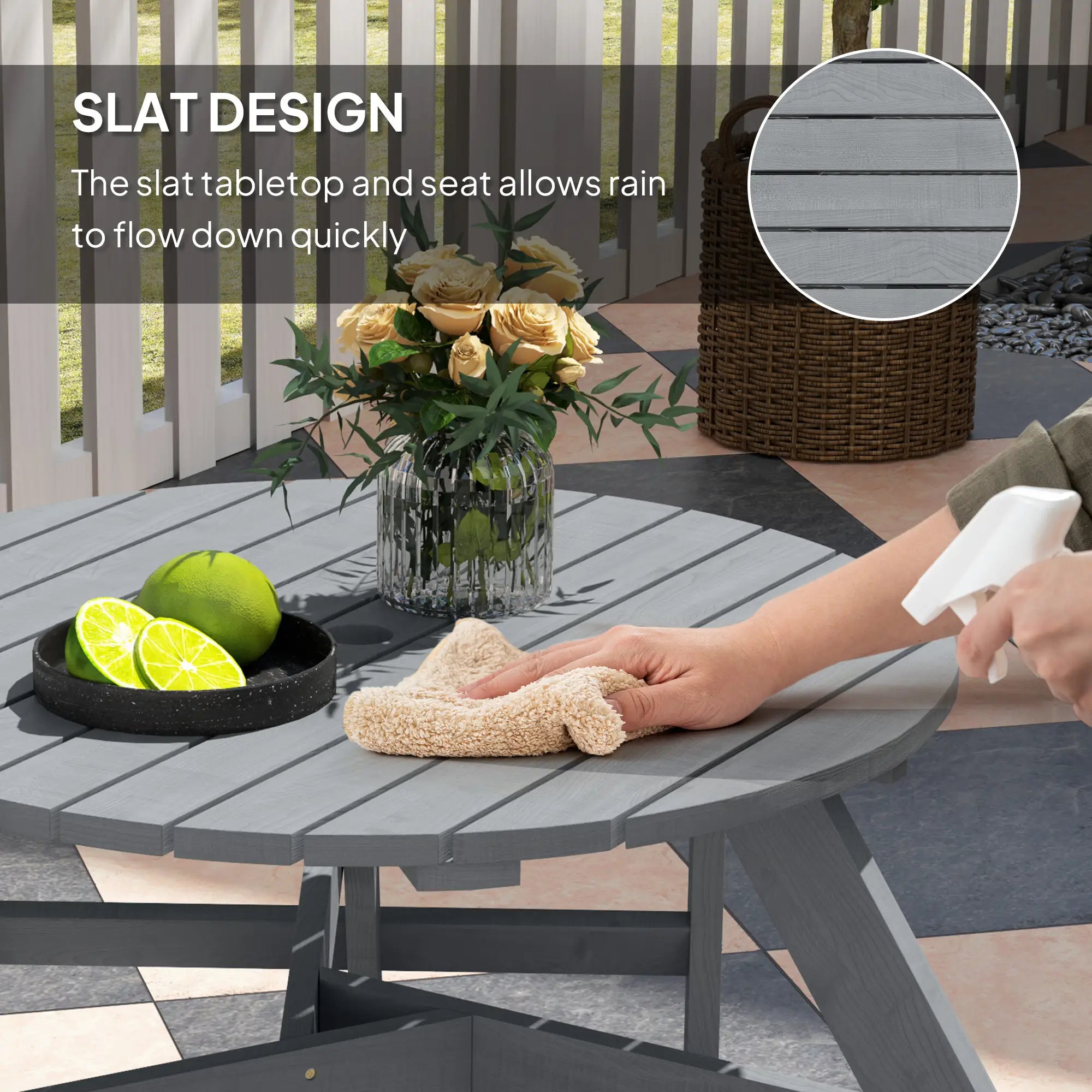 6 Person Round Picnic Table, With Umbrella Hole, 3 Built-in Benches, Grey Outdoor Dining Sets at Gallery Canada
