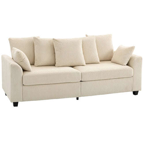 Corduroy Couch, 3 Seater Sofa, Modern with Curved Armrests, 8 Pillows, Beige