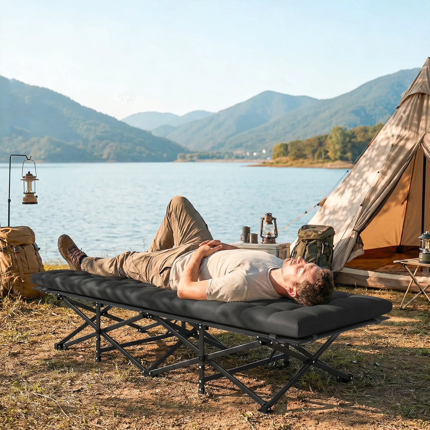 32" Extra Wide Folding Camping Cot, Soft Pad, Non-Slip Feet, Carry Bag, Black Camping Cots at Gallery Canada