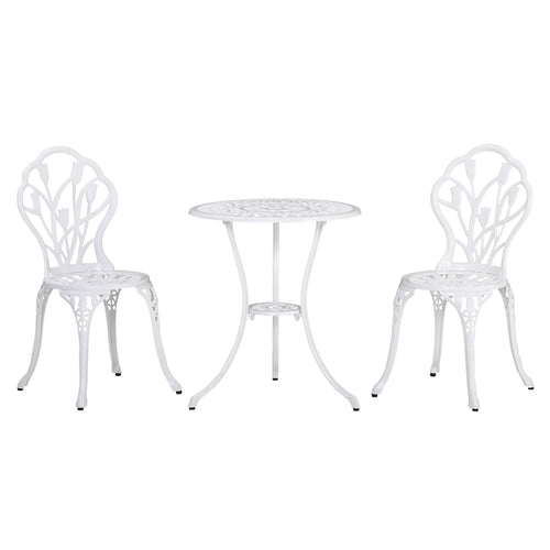 3 Pc Patio Bistro Set, Outdoor Cast Aluminum Table and Chairs, White