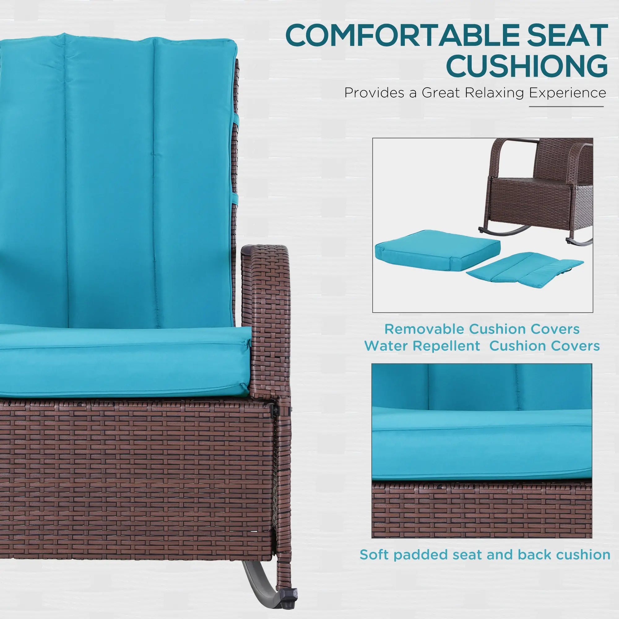 Outdoor Wicker Rocking Chair, PE Rattan Recliner with Cushion, Adjustable Footrest, Turquoise Outdoor Rocking Chairs at Gallery Canada