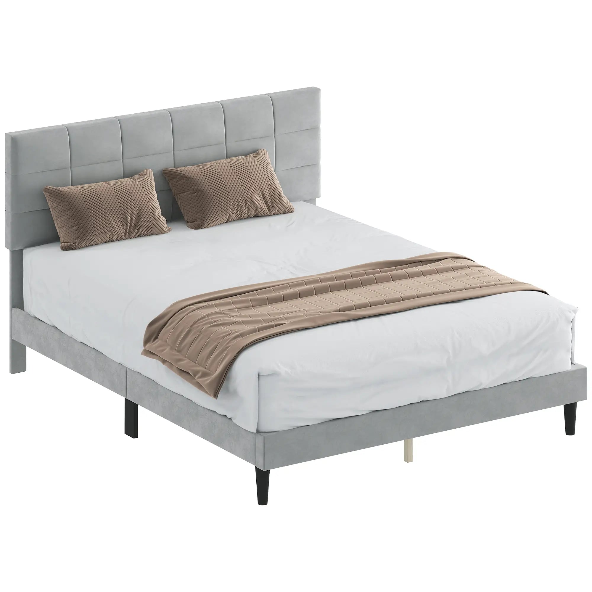 Queen Size Bed Frame, Upholstered Headboard, Wood Slats, 1100 lbs, Grey Bed Frames at Gallery Canada