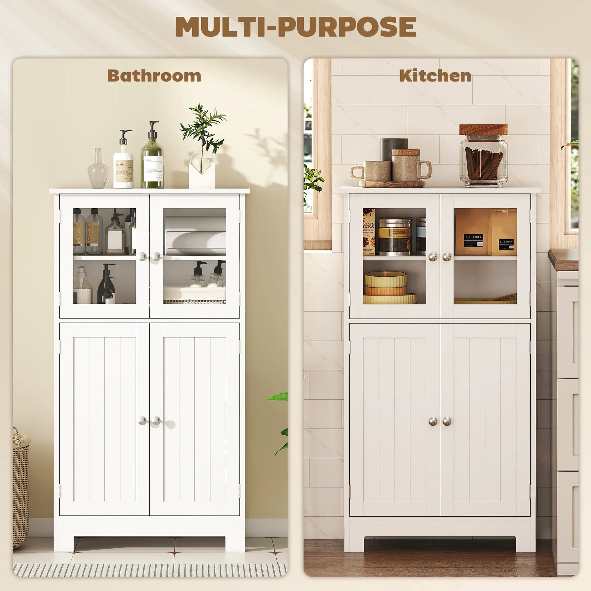 Bathroom Floor Storage Cabinet, Tempered Glass Doors, Adjustable Shelf, White Bathroom Cabinets at Gallery Canada