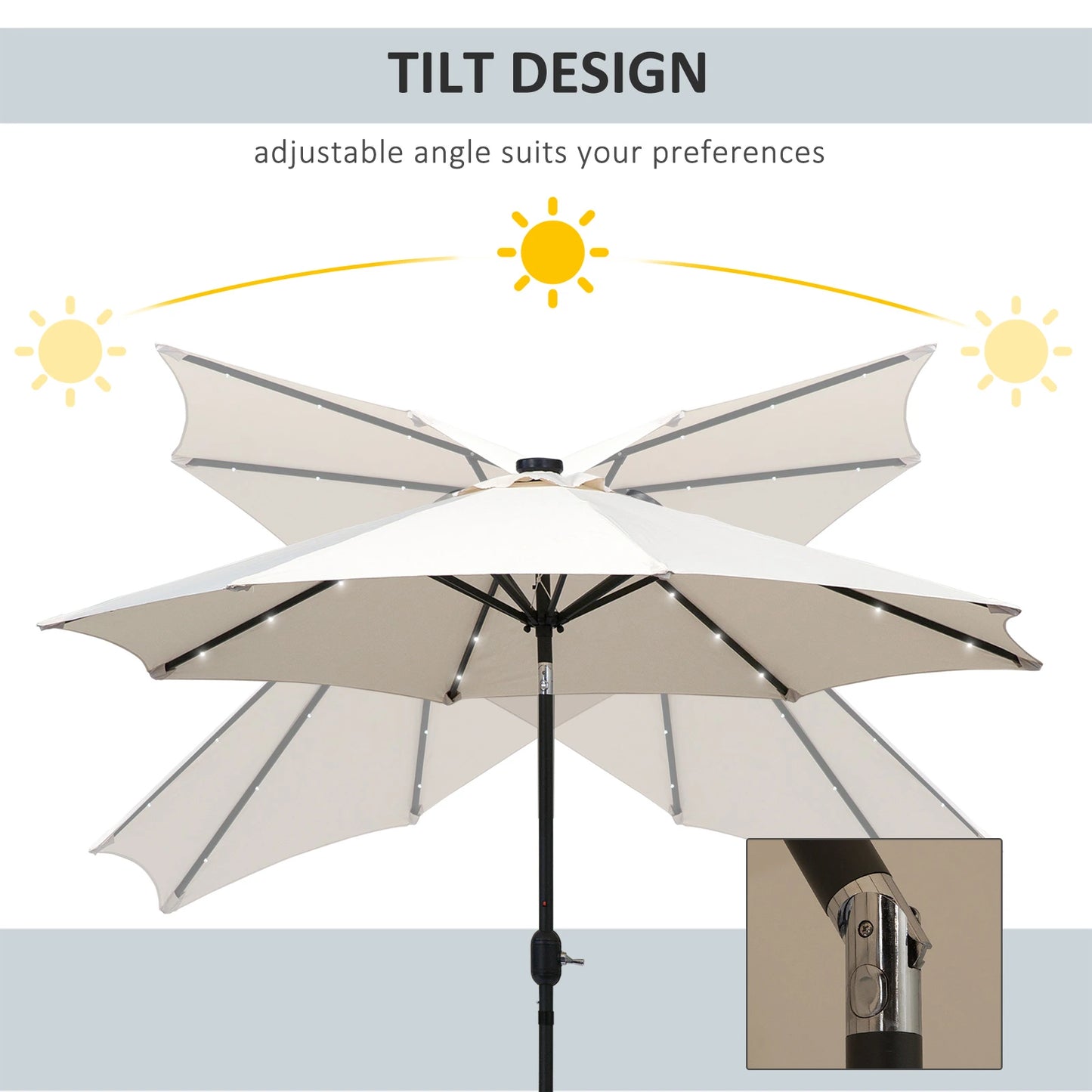 8.8ft Solar Patio Umbrella, 24 LED Lights, Tilt Canopy, Cream Sun Umbrellas at Gallery Canada