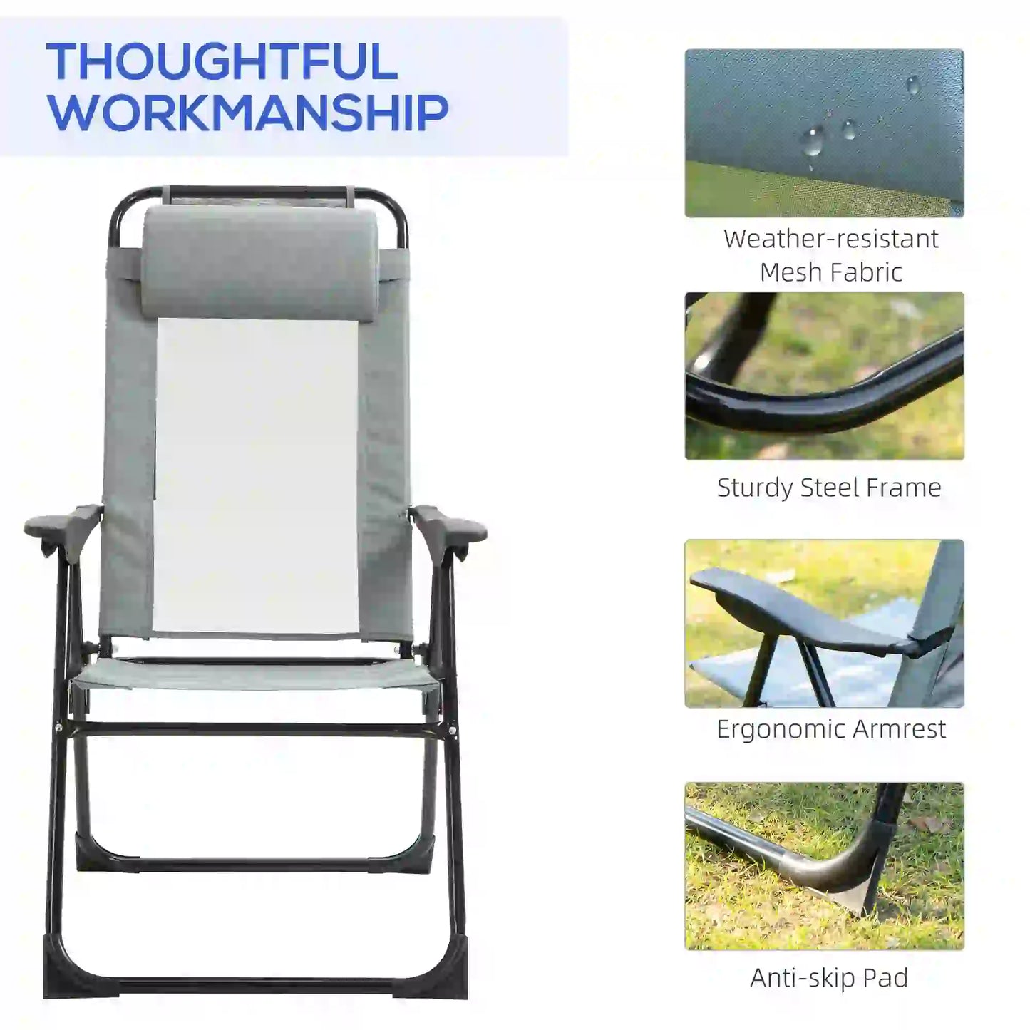 4 Camping Chairs, Adjustable Backrest, Removable Headrest, Grey Patio Chairs at Gallery Canada