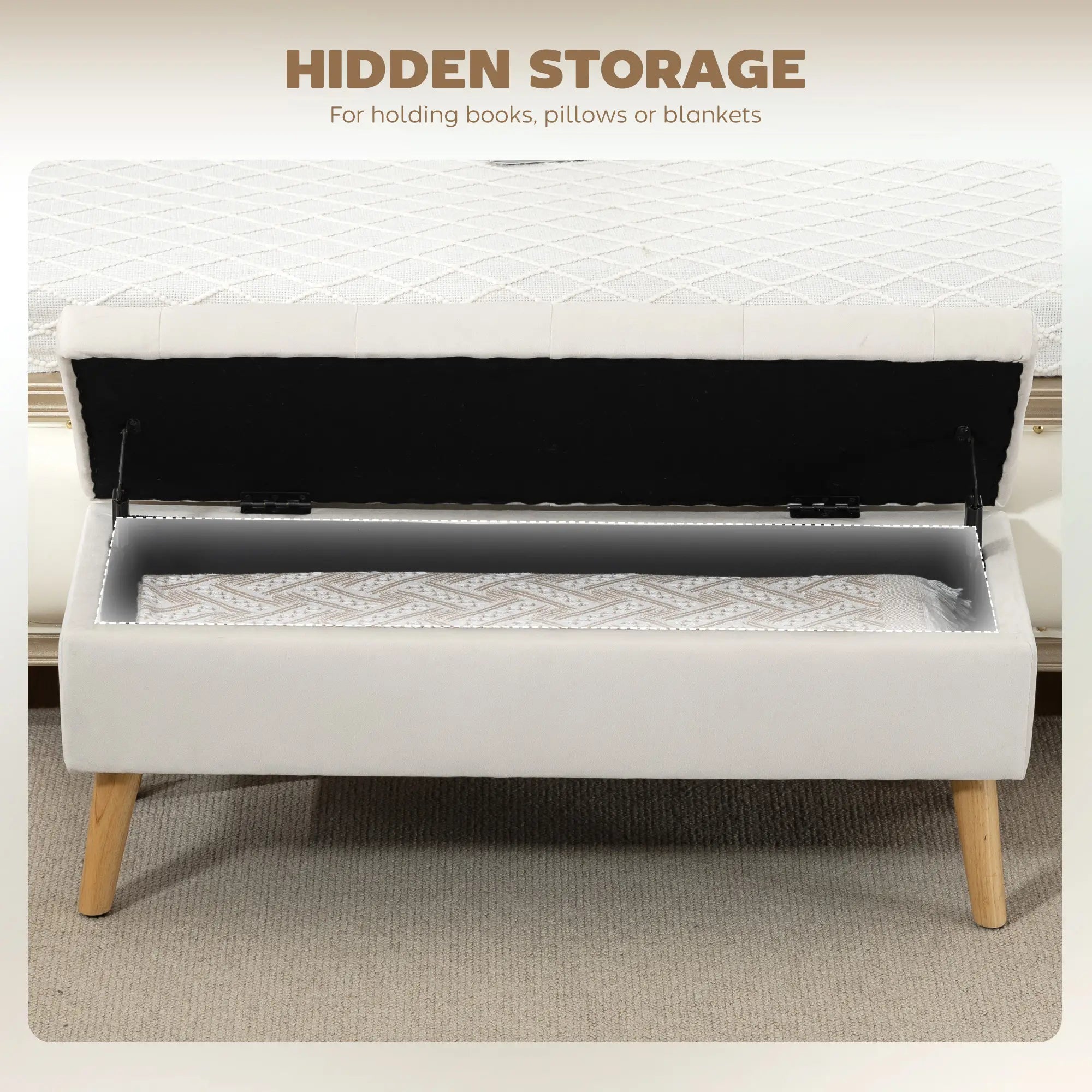 Storage Ottoman With Lid, Velvet Bench, Cream White Storage Ottomans & Benches at Gallery Canada