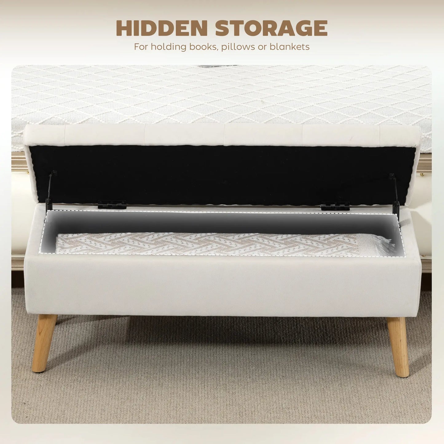 Storage Ottoman With Lid, Velvet Bench, Cream White Storage Ottomans & Benches at Gallery Canada
