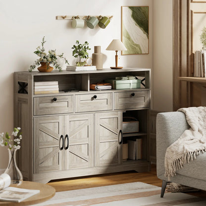 Grey Sideboard, Buffet Cabinet With 4 Barn Doors, 3 Drawers, Grey