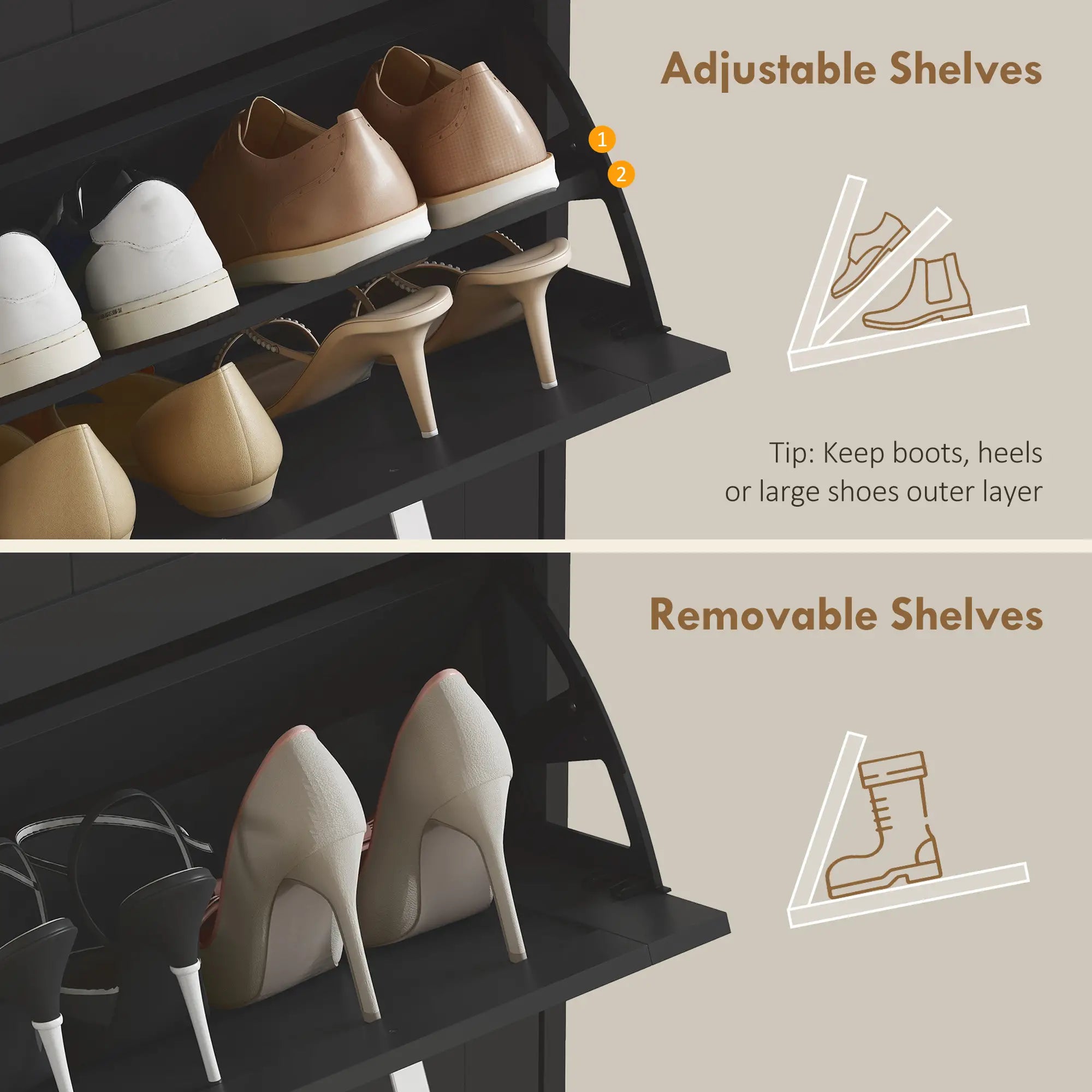 Slim Shoe Cabinet, 3 Flip Drawers, Adjustable Shelves, Holds 15 Pairs, Black Shoe Storage Cabinets & Racks at Gallery Canada