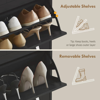 Slim Shoe Cabinet, 3 Flip Drawers, Adjustable Shelves, Holds 15 Pairs, Black Shoe Storage Cabinets & Racks at Gallery Canada