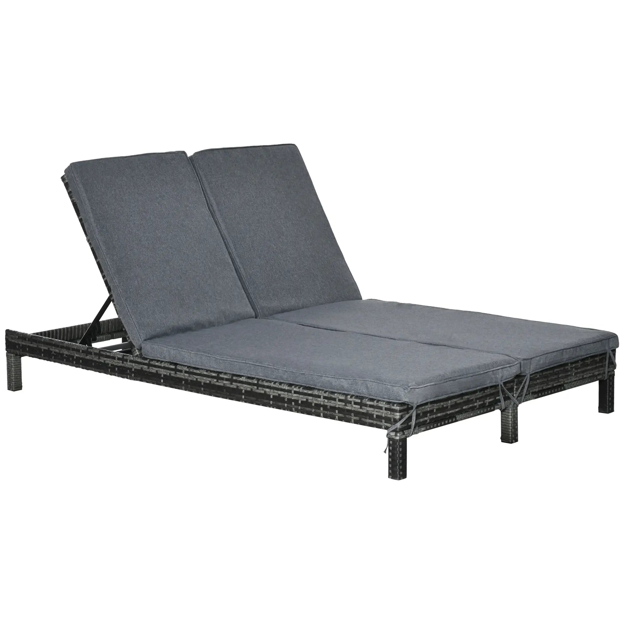 Wicker Double Chaise Lounge, Outdoor Recliner, Rattan Sunbed, Adjustable Backrest, Black, Grey Chaise Loungers at Gallery Canada