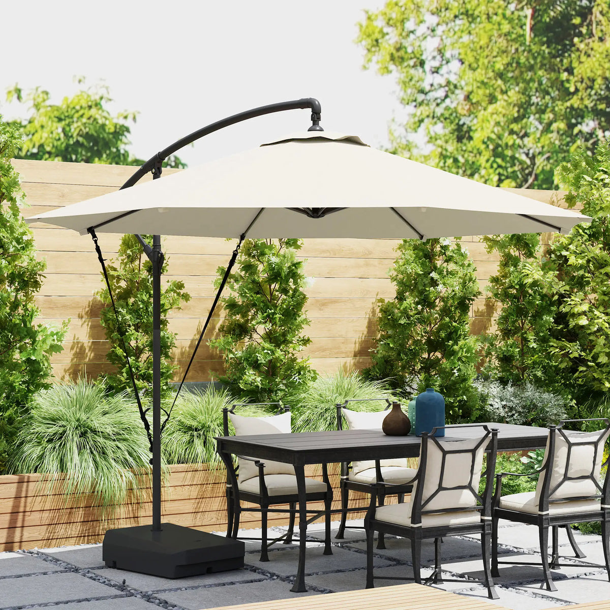 10FT Cantilever Umbrella With Fillable Base, Wind Strap, Cover, Cream White Offset Cantilever Umbrellas at Gallery Canada