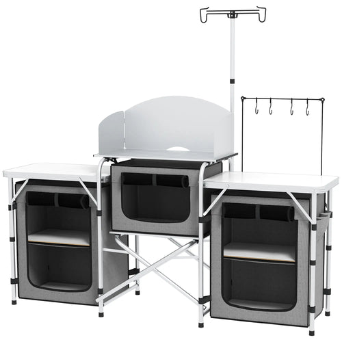 Portable Aluminum Camping Table, Fabric Cupboards, Windshield, Grey