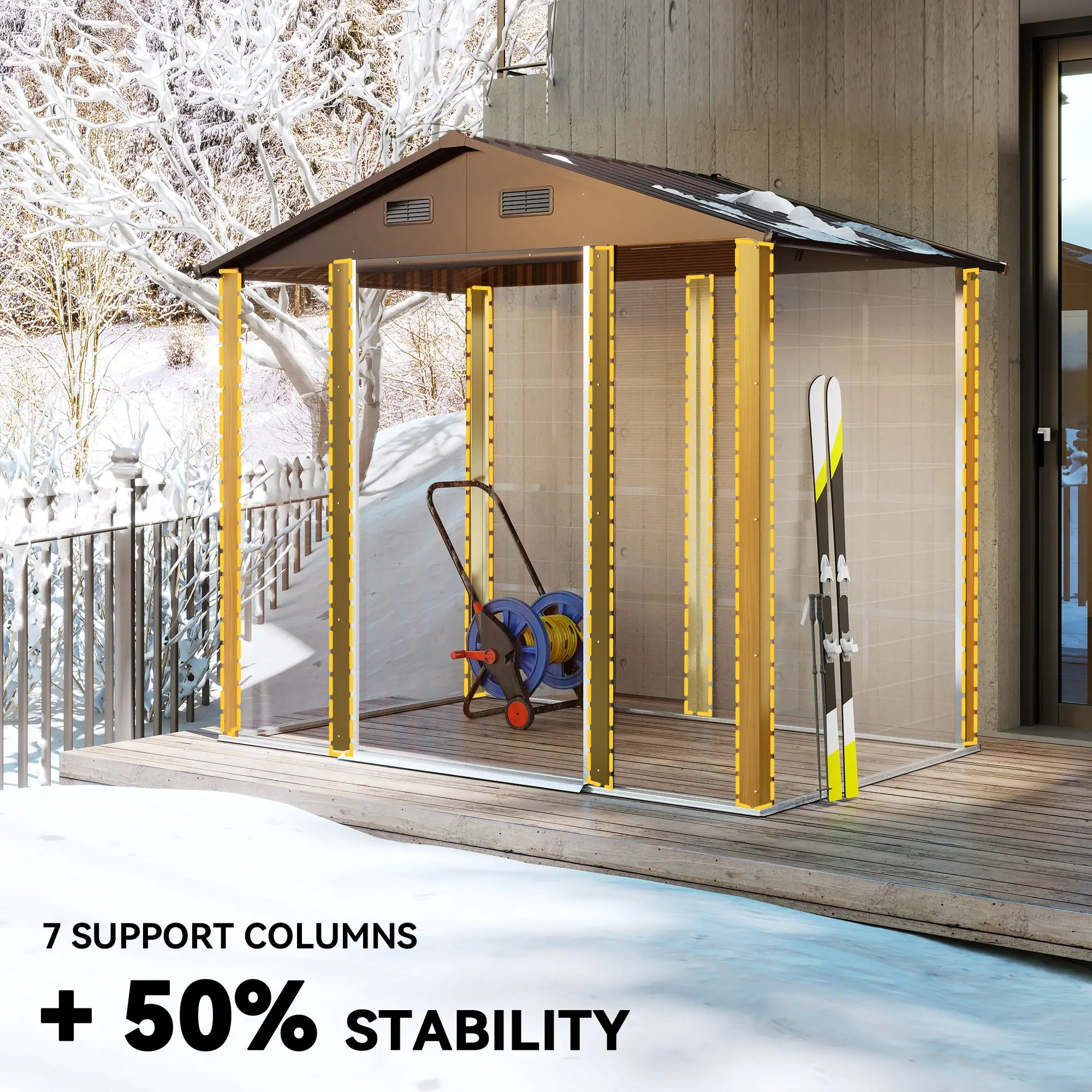 7.7' x 6.5' Metal Garden Shed, Ventilation, Dark Brown Wood Grain Sheds at Gallery Canada