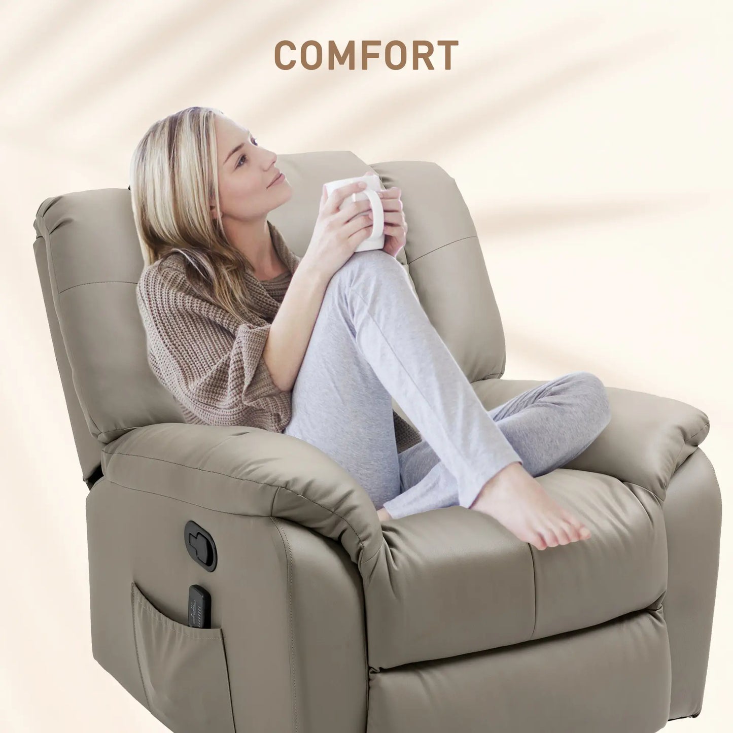 8-Point Vibration Massage Recliner, PU Leather 360° Swivel, Grey Single Sofas at Gallery Canada
