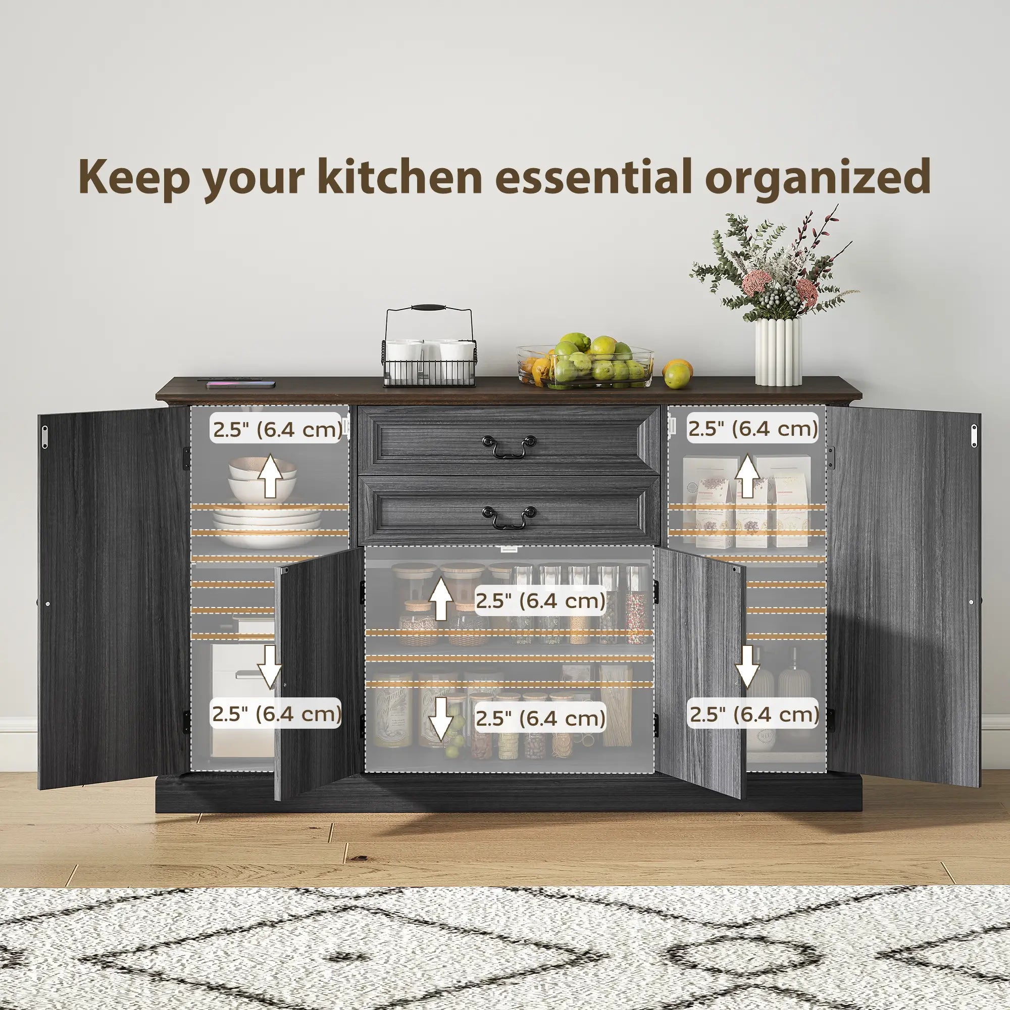 Farmhouse Sideboard with Charging Station, 58 Inch Buffet Cabinet, 2 Soft Close Drawers, Black Storage Cabinets at Gallery Canada