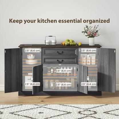 Farmhouse Sideboard with Charging Station, 58 Inch Buffet Cabinet, 2 Soft Close Drawers, Black Storage Cabinets at Gallery Canada
