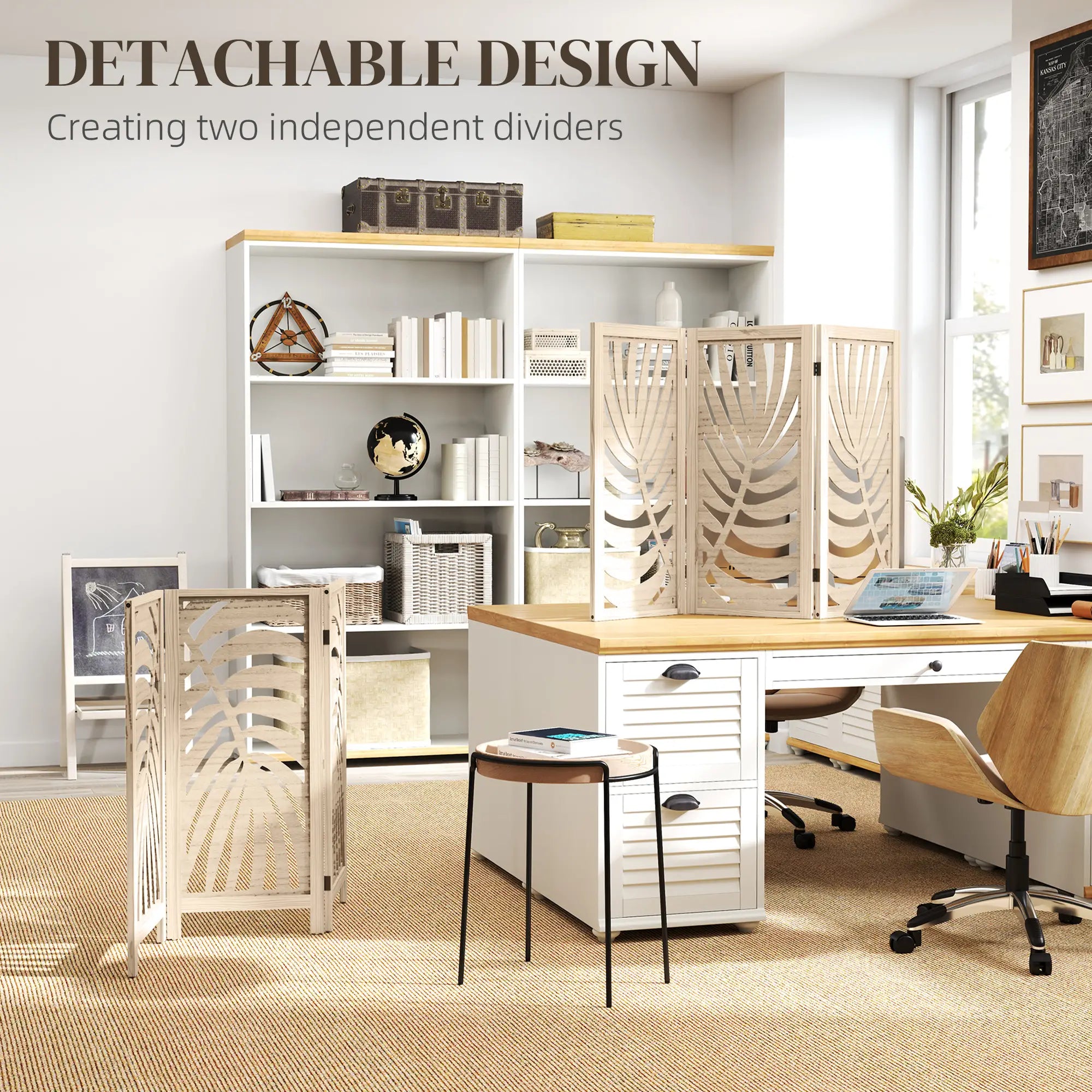 3 Panel Room Divider, Detachable Folding Privacy Screen, Palm Leaf Design, Natural Wood Finish Room Dividers at Gallery Canada