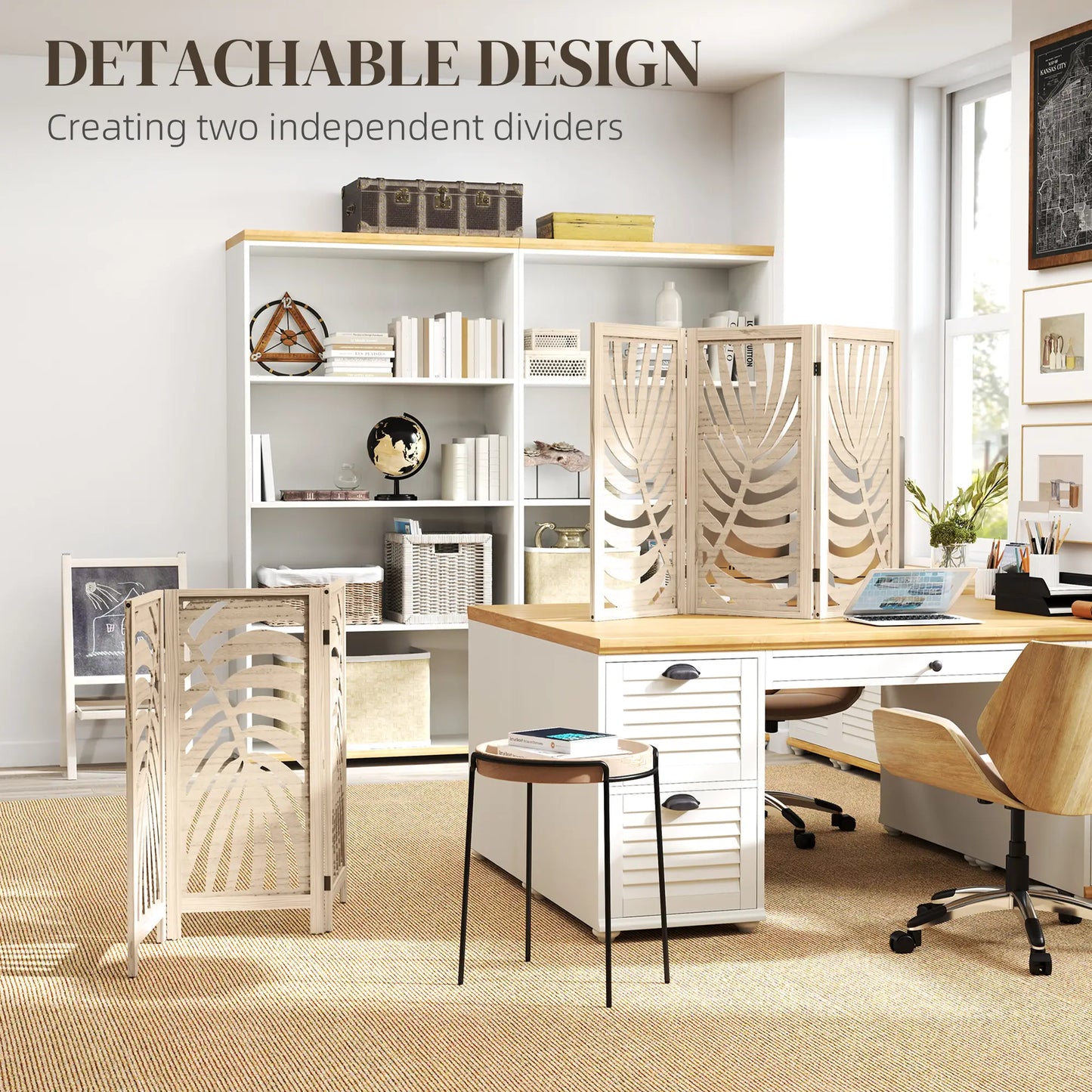 3 Panel Room Divider, Detachable Folding Privacy Screen, Palm Leaf Design, Natural Wood Finish Room Dividers at Gallery Canada