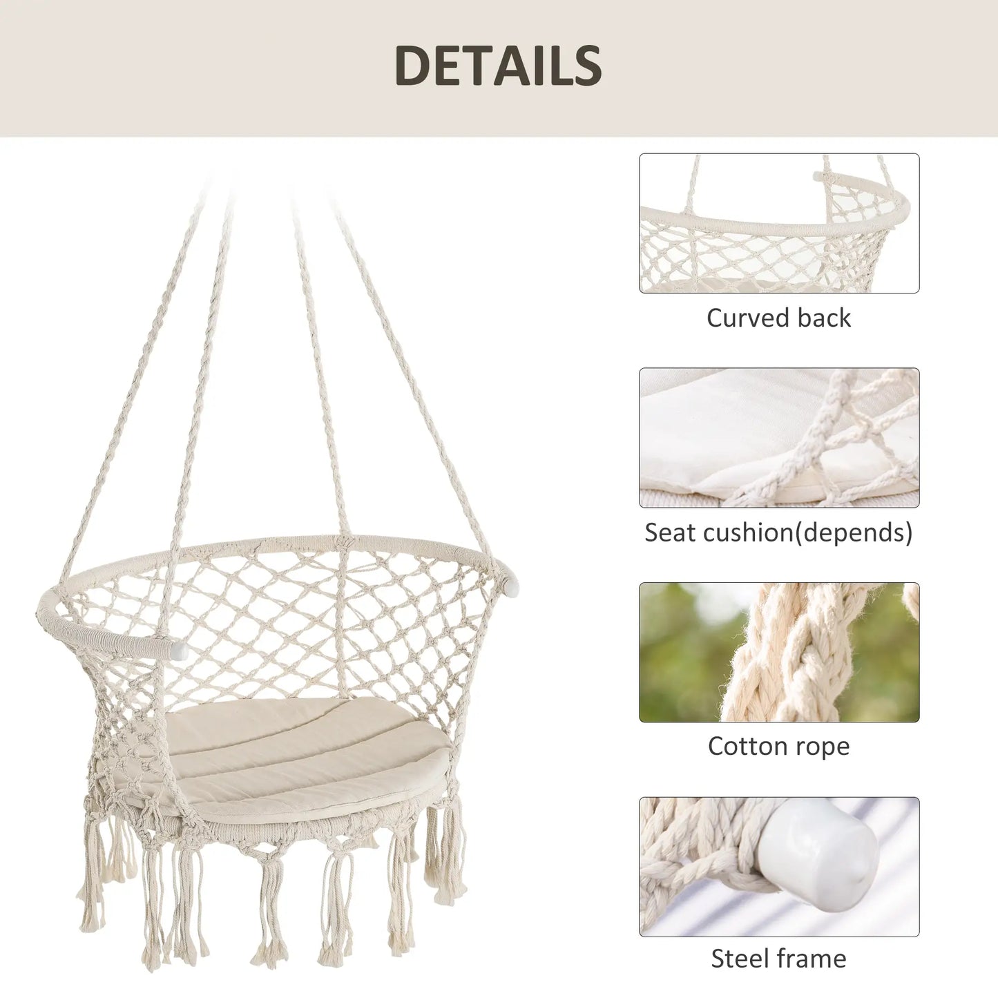 Hanging Hammock Chair, Cotton Rope Swing with Metal Frame, Large, Cream White Hammock Swings at Gallery Canada
