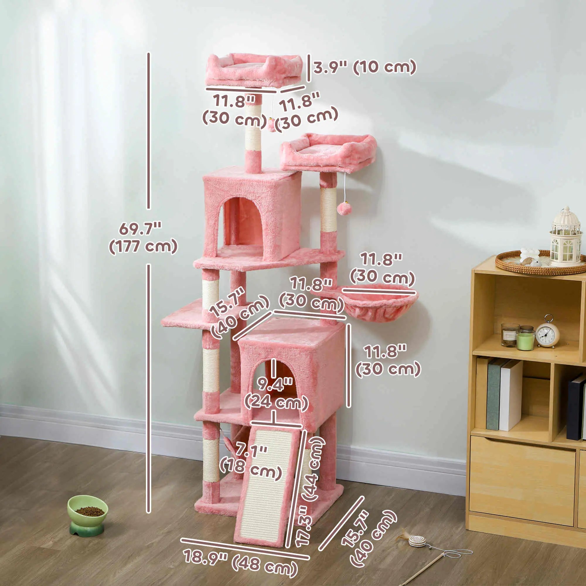 Cat Tree, 70 Inch Multi-Level Tower with Condos, Perches, Hammock, Pink Cat Towers at Gallery Canada