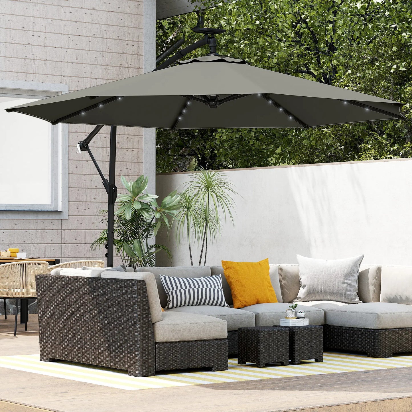 9.7 ft Cantilever Patio Umbrella, Solar Light, Tilt Crank, Grey Offset Cantilever Umbrellas at Gallery Canada