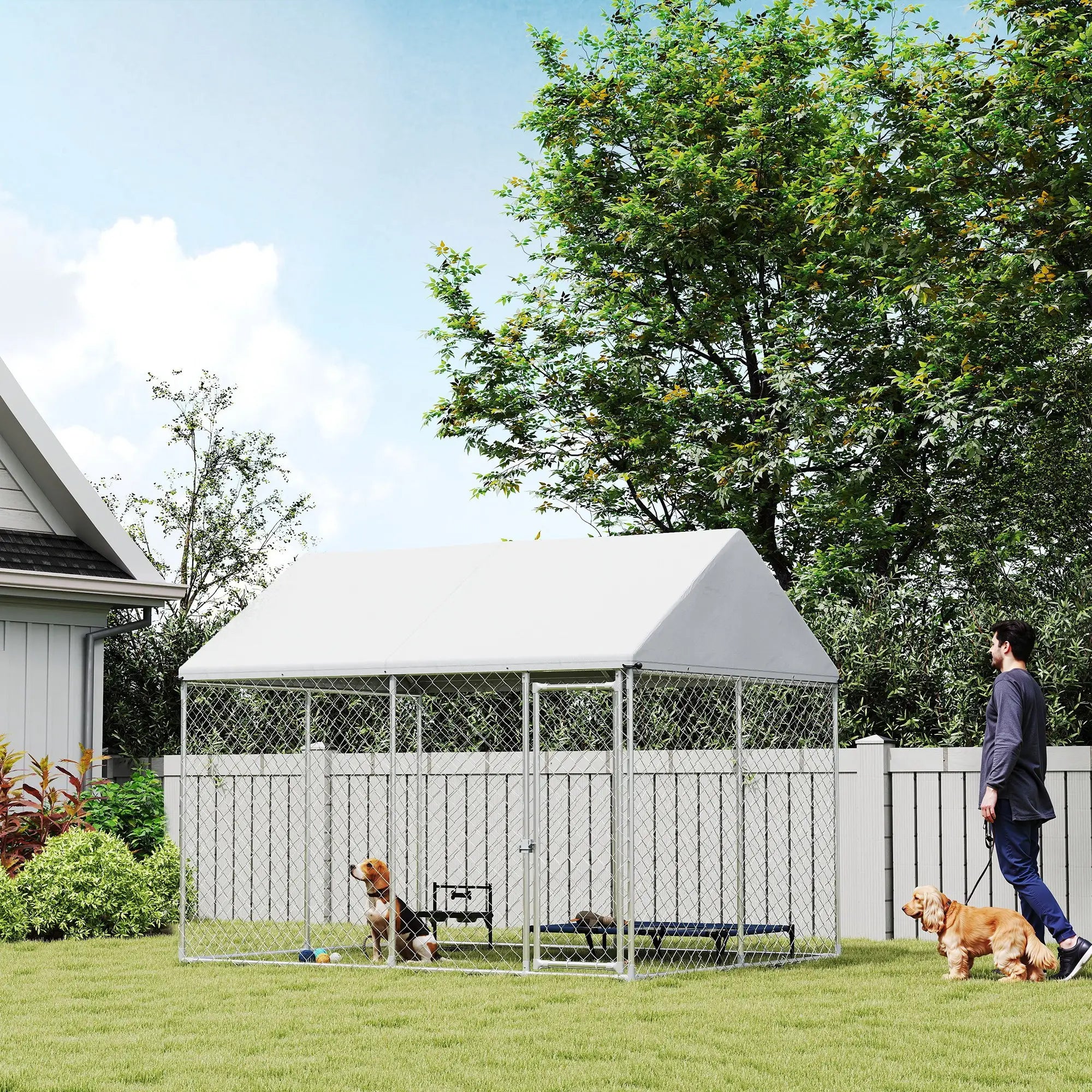 Heavy Duty Galvanized Steel Outdoor Dog Kennel with Waterproof Roof, Safety Lockable Latch System, 9.2' x 7.5' x 7.2' Dog Kennels at Gallery Canada