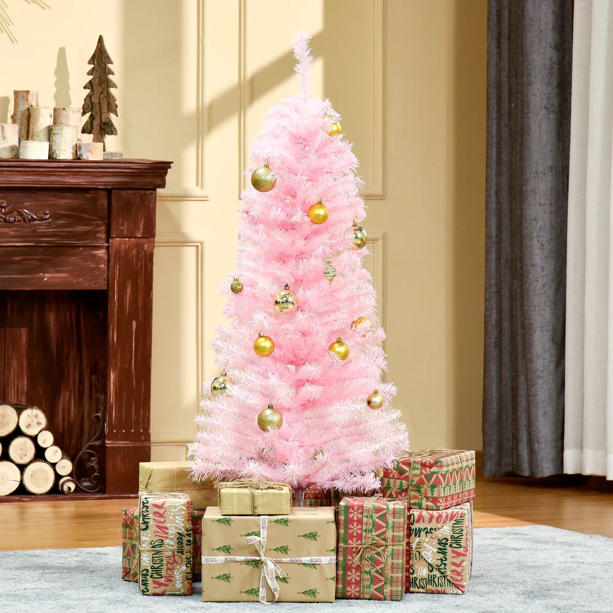 4FT Artificial Christmas Tree Holiday Xmas Holiday Pencil Tree Decoration with Automatic Open for Home Party, Pink Artificial Christmas Trees at Gallery Canada