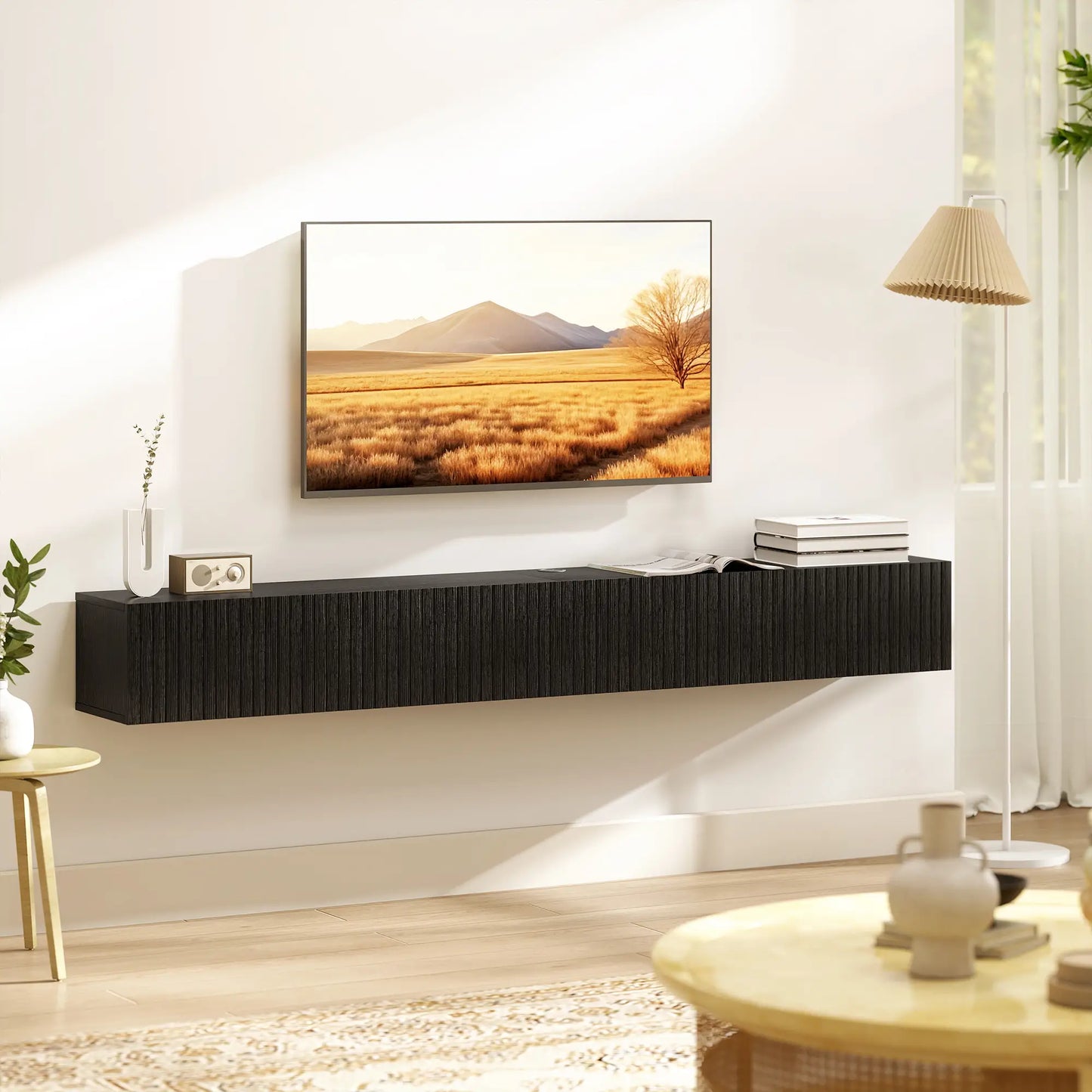 71 Inch Floating TV Stand, Wall Mount Media Console, 2 Fluted Doors, Black TV Stands at Gallery Canada