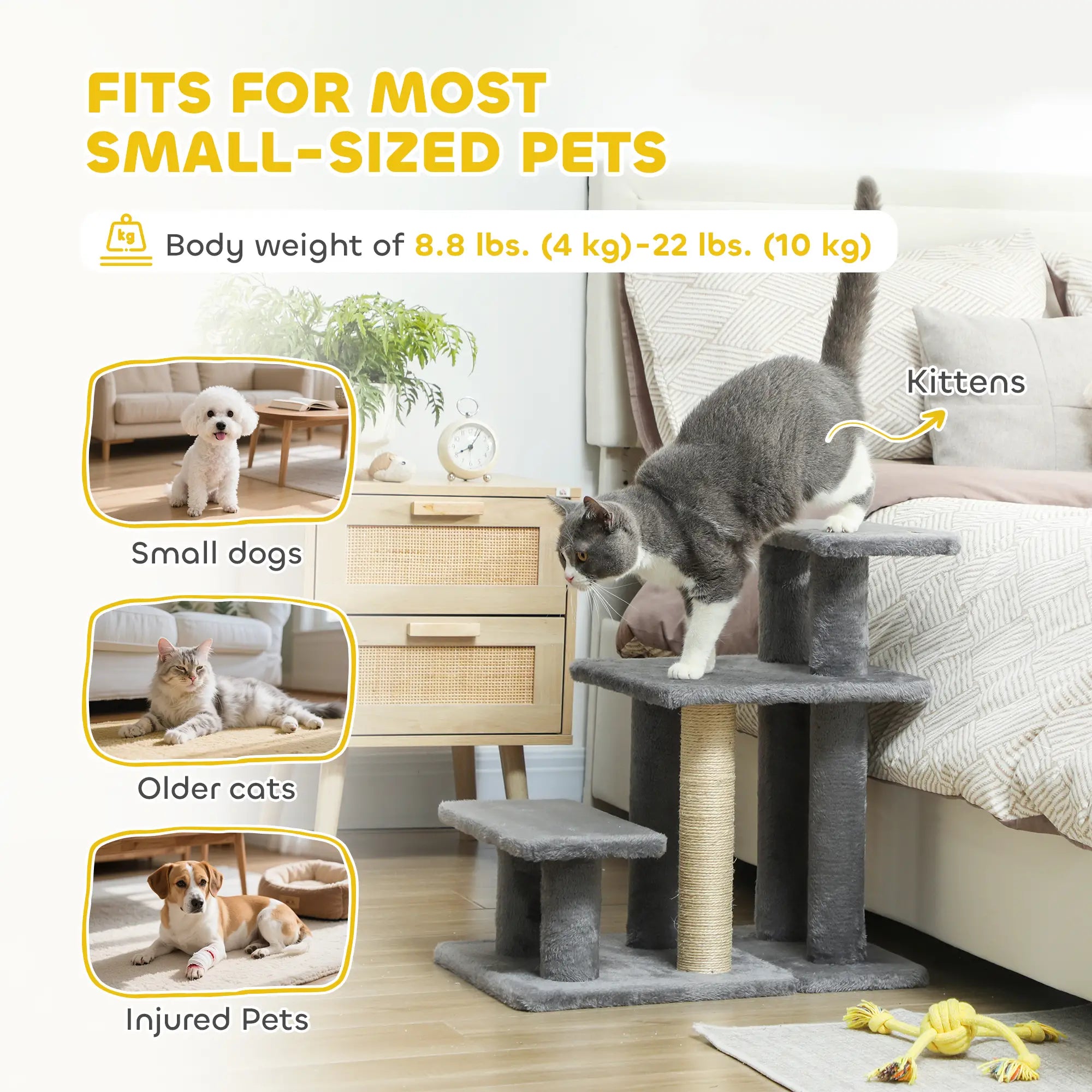 Cat Stairs with 2 Sisal Scratching Posts, Adjustable 3-Tier, Grey Dog Stairs at Gallery Canada