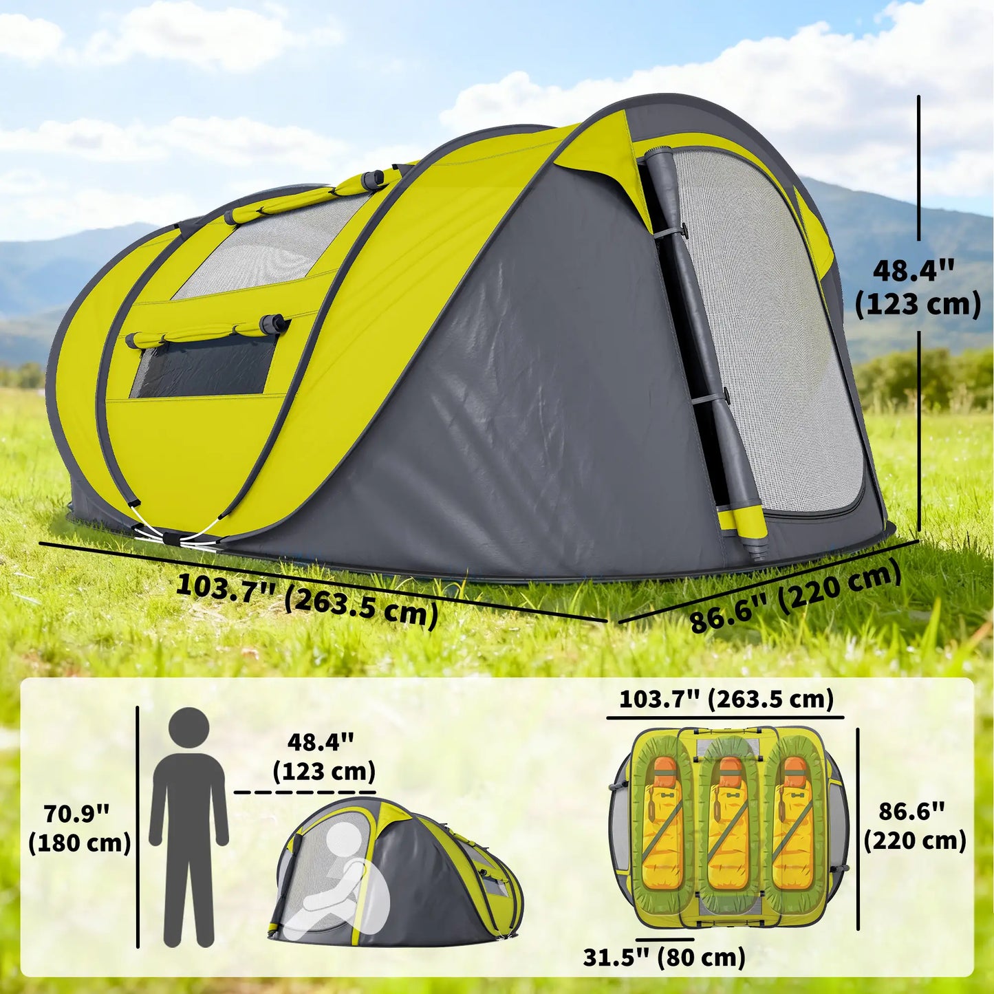 4 Person Camping Tent, Automatic Setup, Yellow Camping Tents at Gallery Canada