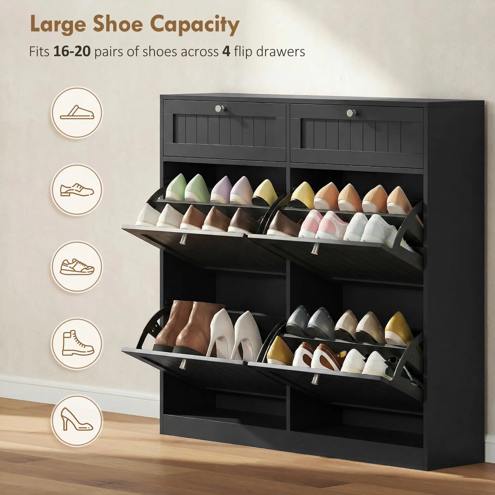 Shoe Cabinet With 2 Large Flip Drawers, Farmhouse Narrow, Black Shoe Storage Cabinets & Racks at Gallery Canada