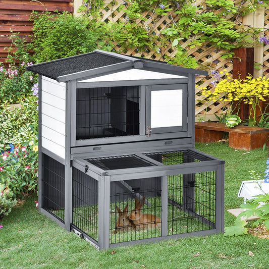 Deluxe Wooden 2 Story Rabbit Hutch with Slide-Out Outdoor Run, Open Roof - Gallery Canada